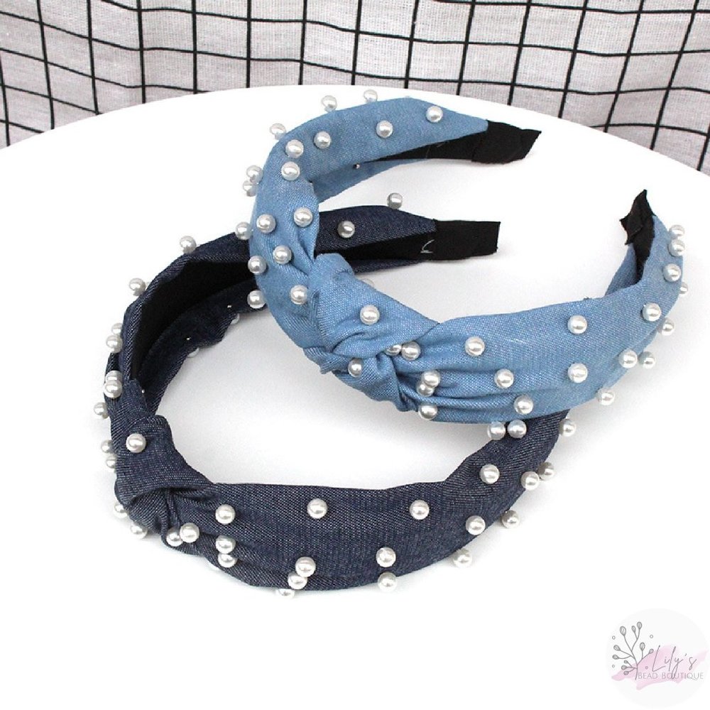 Denim pearl Knotted Headband